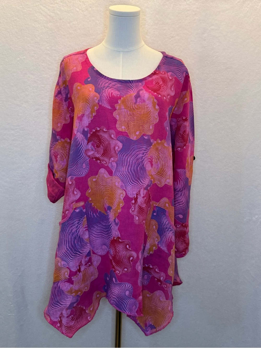 Vibrant 100% Linen Seashell Tunic Purple Pink Orange Resort Cruise Beach New 1X